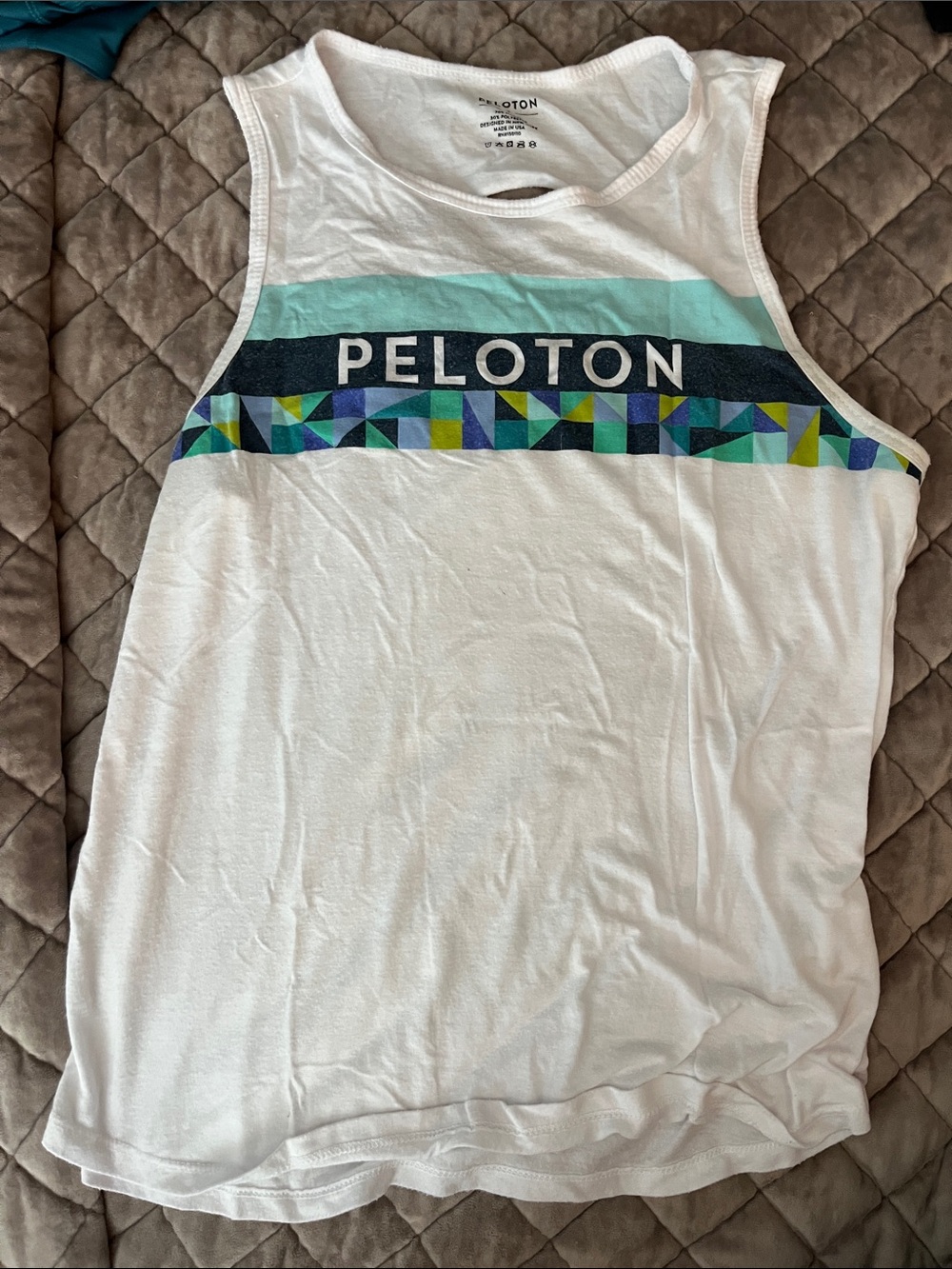 Peloton White Tank Top with Teal and Multicolor Geometric Stripe